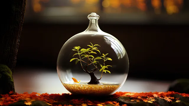 Liquid, Photograph, Light, Plant, World, Glass bottle, Organism, Artifact, Terrestrial plant, Grass, Tree, Serveware, Flowerpot, Drink, Twig, Glass, Barware, Font, Art, Vase