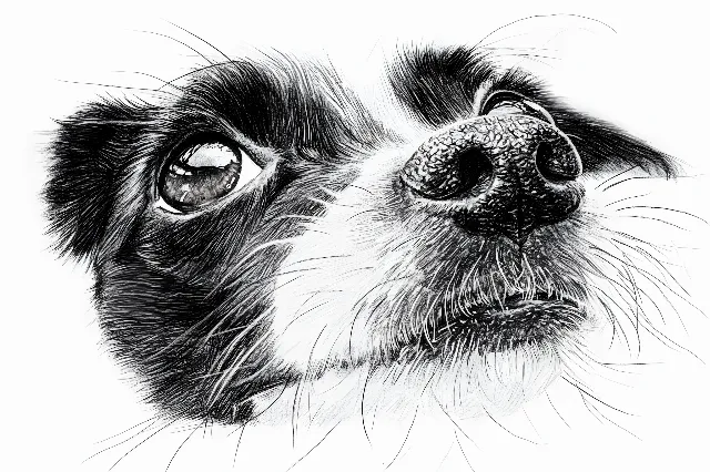 Dog, Vertebrate, Carnivores, Snout, Black, Black and white, Drawing, Sketch, Canidae, Line art, Toy dog, Whiskers