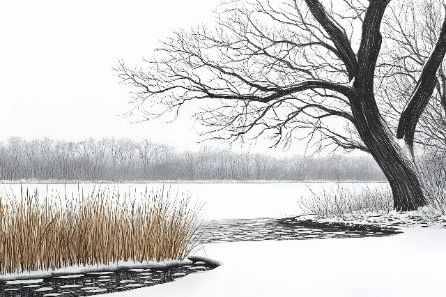 Branch, Twig, Winter, Monochrome photography, Black and white, Snow, Grey, Trunk, Freezing, Reflection, Wetland, Sketch, Precipitation