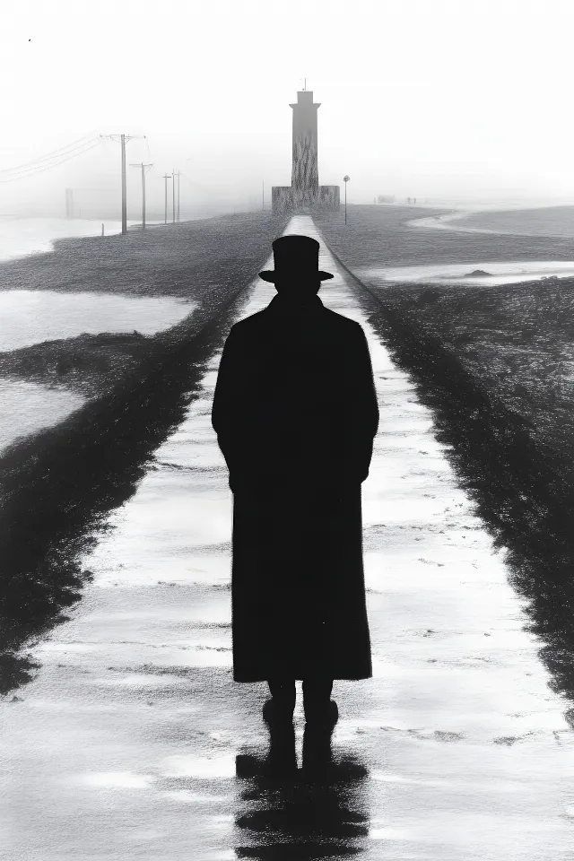 Standing, Monochrome photography, Black, Monochrome, Black and white, Tower, Silhouette, Fedora, Overcoat, Evening, Walking, Duster, Lighthouse