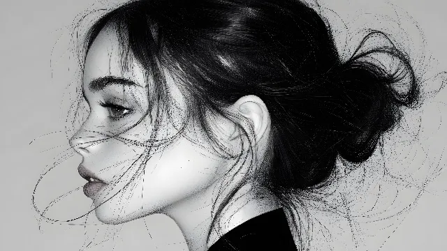 Hair, Eyebrow, Lips, Eyelash, Skin, Nose, Beauty, Hairstyle, Black hair, Jaw, Neck, Fashion, Eye, Facial expression, Monochrome photography, Black, Portrait photography, Black and white, Long hair, Monochrome