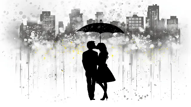 People in nature, Umbrella, Gesture, Happy, Art, Font, Flash photography, Event, Drawing, Romance, Illustration, Precipitation, Graphics, Stock photography, Fashion accessory, Monochrome, Tree, Graphic design, Fun