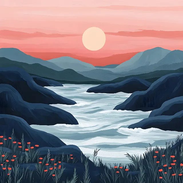 Mountainous landforms, Mountain, Hill, Natural landscape, Sunrise, Afterglow, Sunset, Mountain range, Red sky at morning, Dusk, Valley, Ridge, Mountain river, Evening, Dawn, Fell, Lake District, Loch, Acrylic paint, Mount Scenery