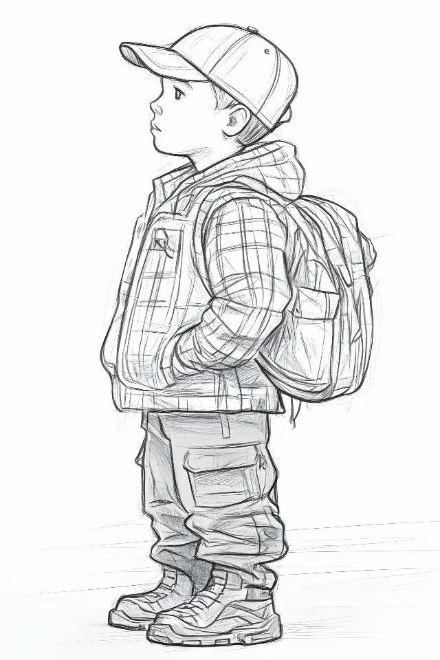 Sleeve, Drawing, Standing, Elbow, Line art, Illustration, Sketch, Child, Graphics, Coloring book, Walking Shoe