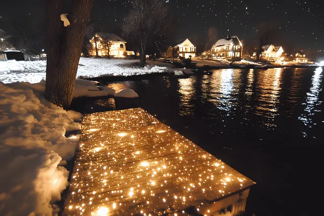 Night, Lighting, Winter, Midnight, Evening, Electricity, Snow, Reflection, Security lighting, Freezing, Landscape lighting, Dusk