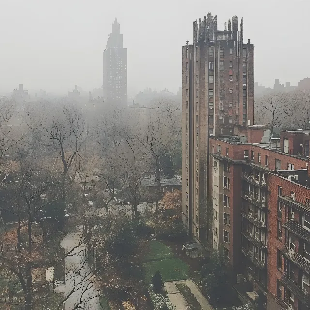 Building, atmospheric phenomenon, City, High-rise building, Urban area, Skyscraper, Metropolitan area, Tower, Apartment, Condominium, Morning, Haze, Mist, Metropolis, Commercial building, Fog, Cityscape, Skyline, Headquarters, Evening