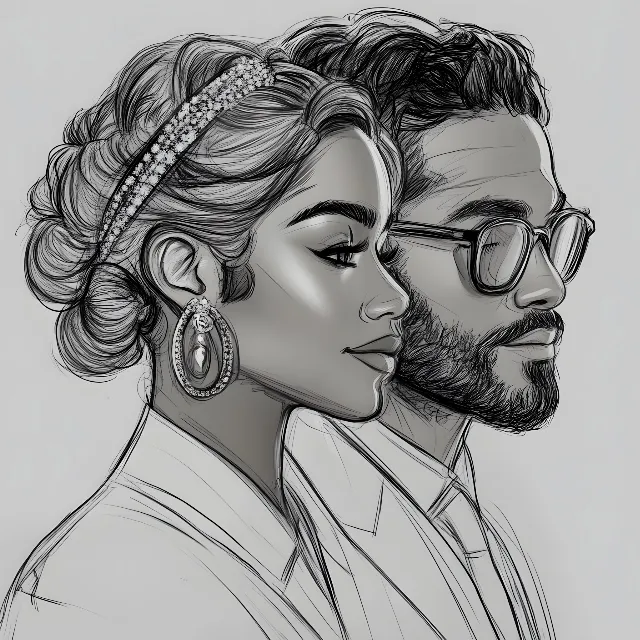 Fashion illustration, Facial hair, Line art, Sketch, Love, Beard, Romance, Graphics, Portrait, Moustache, Bun