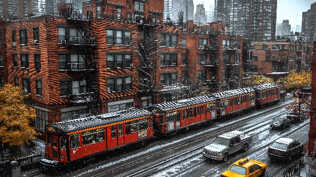 Transport, City, Train, Public transport, Winter, Rolling stock, Track, Electricity, Metropolis, Snow, Rail transport, Freezing, Precipitation, Passenger car, Trolley, Evening, Railroad car, Locomotive, Winter storm, Electrical Supply