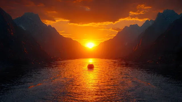 Water, Sky, Mountain, Afterglow, Cloud, Amber, Nature, Sunset, Natural landscape, Dusk, Sunrise, Boat, Orange, Body of water, Highland, Sunlight, Red sky at morning, Horizon, Astronomical object, Morning