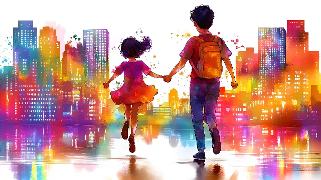 Happiness, Love, Holding hands, Animation, Romance, Child, Graphics, Watercolor painting, Graphic design, Walking, Animated cartoon