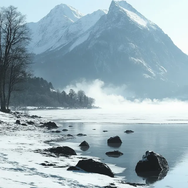 Mountain, Sky, Mountainous landforms, Water, Body of water, Natural landscape, Mountain range, Winter, Hill, Highland, Glacial landform, Wilderness, Snow, Landscape, Cloud, Watercourse, Coastal and oceanic landforms, atmospheric phenomenon, Ridge, Lake