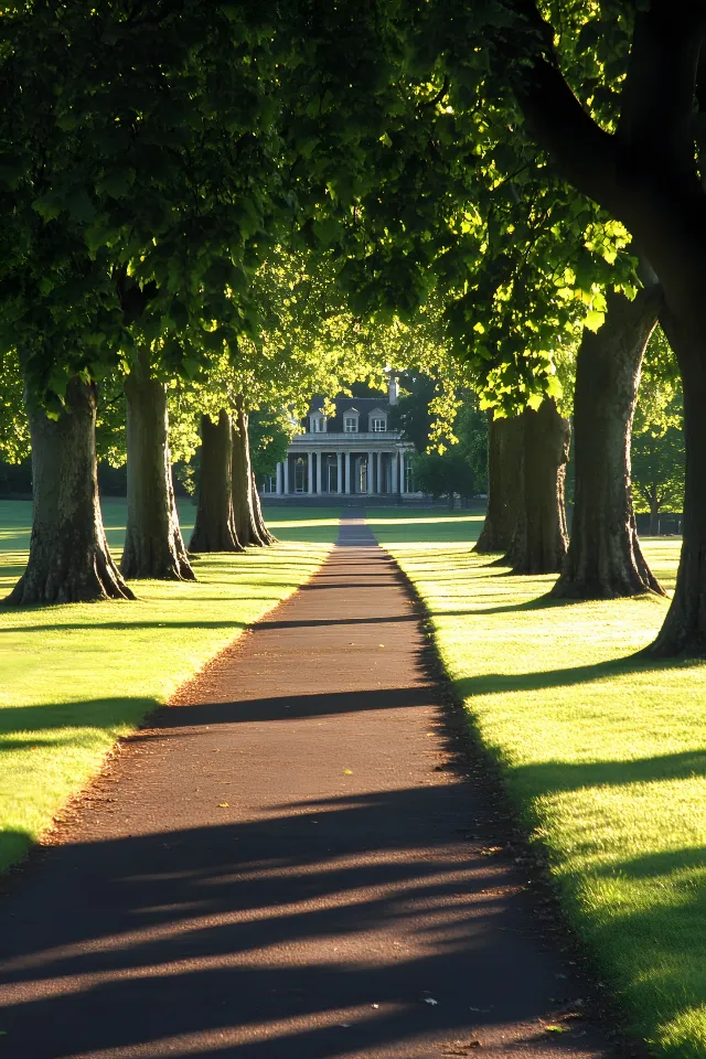 Leaf, Branch, Plain, Trunk, Shade, Twig, Sunlight, Lawn, Shadow, Garden, Mansion, Park, Symmetry, Landscaping, Plantation