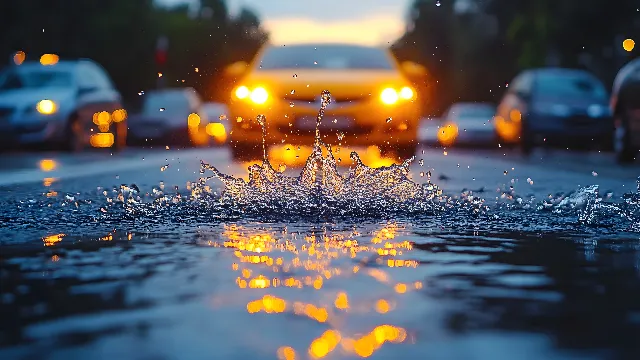 Water, Liquid, Car, Automotive lighting, Vehicle, Orange, Natural landscape, Body of water, Motor vehicle, Asphalt, Road surface, Dusk, Freezing, Watercourse, Horizon, Landscape, Headlamp, Tree, Tints and shades, Automotive design