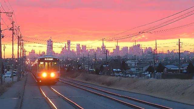 Sky, Afterglow, Urban area, Dusk, Sunset, Horizon, Overhead power line, Electricity, Evening, Metropolitan area, Sunrise, Electrical Supply, Track, Electrical network, Public utility, atmospheric phenomenon, Orange, Urban design, Red sky at morning, Electrical cable