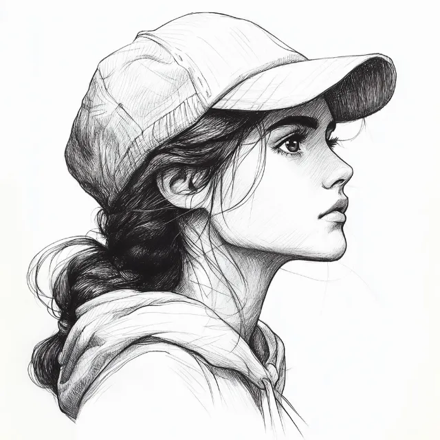 Lip, Chin, Eyebrow, Eye, Cap, Hat, Eyelash, Jaw, Gesture, Headgear, Art, Painting, Black hair, Long hair, Costume hat, Drawing, Font, Illustration, Self-portrait, Monochrome