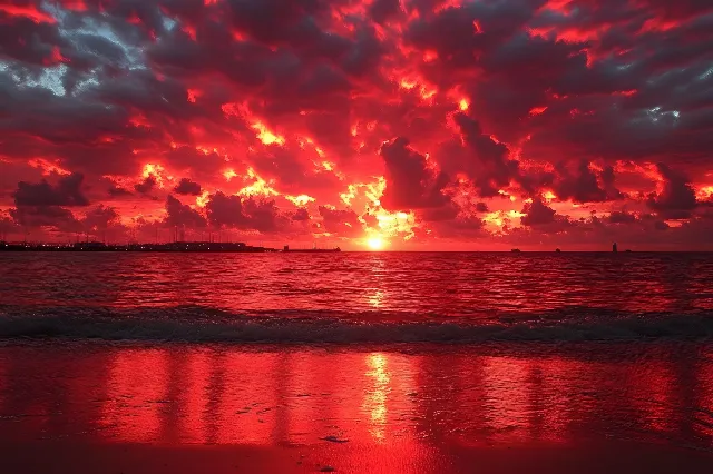 Cloud, Afterglow, Horizon, Red, Sunset, Orange, Dusk, Red sky at morning, Fluid, Sunrise, Sea, geological phenomenon, Liquid, Ocean, Evening, Pink, Beach, Sunlight, Dawn, Meteorological phenomenon