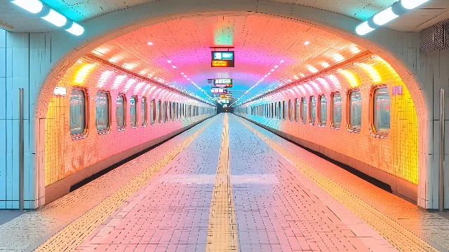 Lighting, Ceiling, Neon, Symmetry, Fluorescent lamp, Electronic signage, Rapid transit, Subway, Metro station, Light fixture, Cleanliness, Transport hub