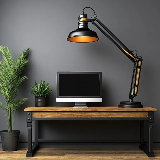 Furniture, Writing desk, Lamp, Desk, Design, Still life photography, Houseplant, Computer desk, Lampshade