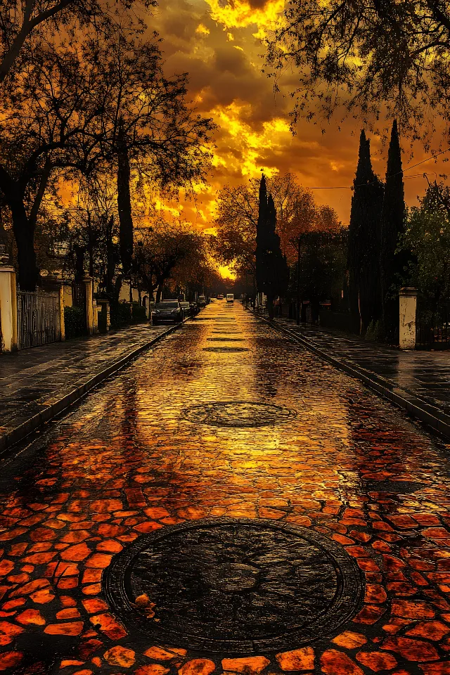 Yellow, Orange, Evening, Cobblestone, Sunlight, Dusk, Walkway, Sunset, Afterglow, Sunrise, Night, Alley, Autumn, Shadow, Path, Heat