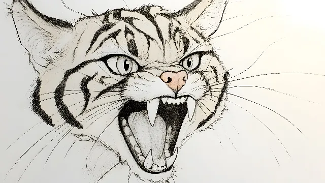 Felidae, Drawing, Facial expression, Line art, Cat, Tooth, Whiskers, Felinae, Snout, Sketch, Illustration, Carnivores, Cartoon, Fang, Panthera, Roar, Design, Graphics, Tail