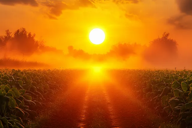 Sun, Yellow, Sunset, Afterglow, Orange, Sunrise, Astronomical object, atmospheric phenomenon, Horizon, Summer, Cloud, Field, Dusk, Sunlight, Agriculture, Heat, Plantation, Evening, Red sky at morning, Morning