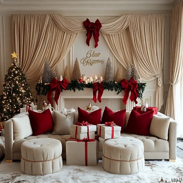 Decoration, White, Curtain, Couch, Interior design, Christmas tree, Living room, Ornament, Red, Christmas decoration, Event, Window treatment, Christmas, Room, Home, Carmine, Interior design, Window covering, Magenta, Peach