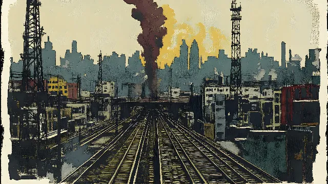 City, Skyscraper, Metropolis, High-rise building, Metropolitan area, Tower, Cityscape, Skyline, Track, Rail transport, Train, Paint, Watercolor painting, Smoke, Locomotive, Rolling stock, Factory