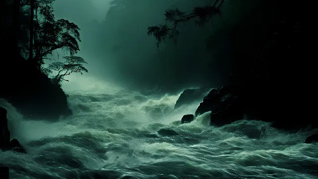 Water, Atmosphere, Plant, Natural landscape, Tree, Atmospheric phenomenon, Cloud, Body of water, Watercourse, Landscape, Wind, Wind wave, Darkness, Mist, Forest, Rock, Meteorological phenomenon, Sky, Tropics, Fog