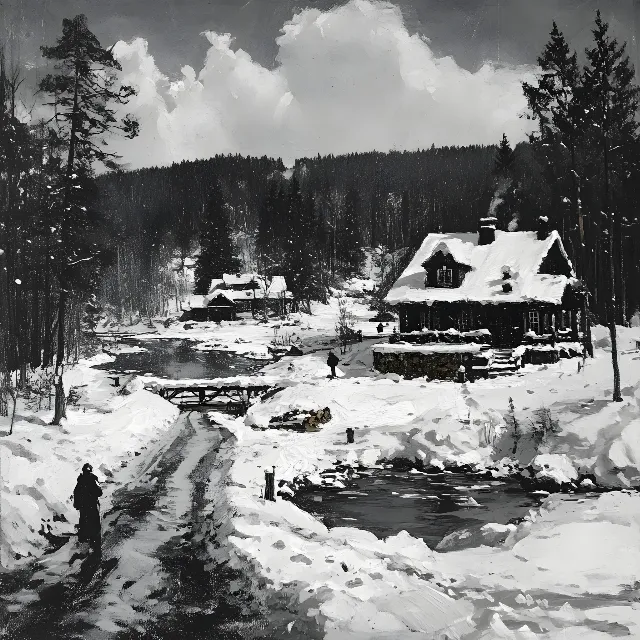 Winter, Snow, Cottage, Freezing, Black and white, Log cabin, Village, Hut, Precipitation, Sugar shack, Shack, Mountain Village, Conifers, Evergreen, Pine family, Fir, Ice, Larch