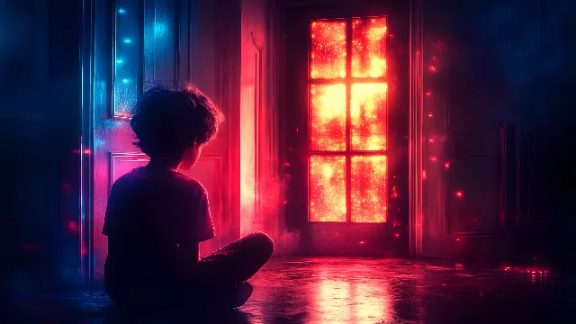 Red, Lighting, Darkness, Night, Backlighting, Lens flare, Child, Shadow, Silhouette