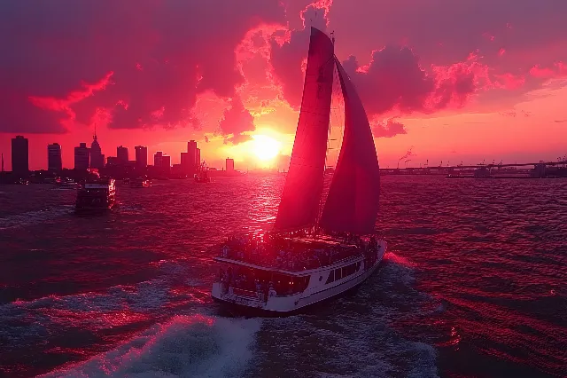 Boat, Red, Watercraft, Dusk, Sunset, Afterglow, Horizon, Cloud, Sail, Sailboat, Sea, Ocean, Red sky at morning, Sunrise, Sailing, Evening, Sailing, Tower, Ship, Naval architecture