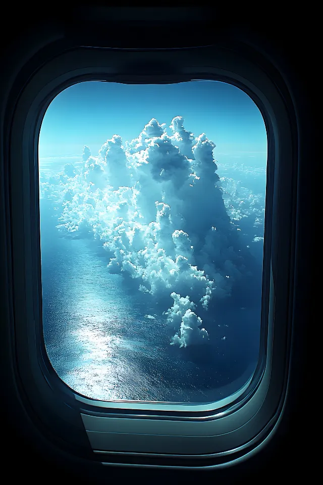 Blue, Cloud, Cumulus, Ocean, Sea, Air travel, Meteorological phenomenon, Aerospace Engineering, Aviation, Porthole, Aircraft, Flight, Airline