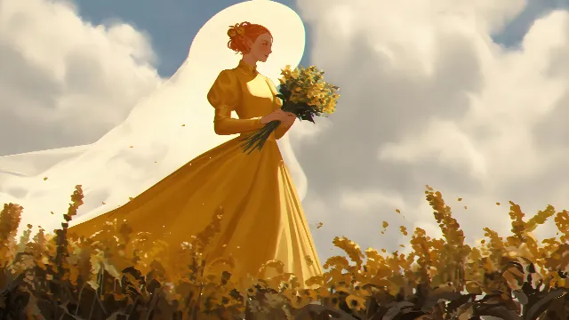 Yellow, Dress, People in nature, Gown, Animation, Agriculture, Crop, Fashion illustration, Haute couture, One-piece garment