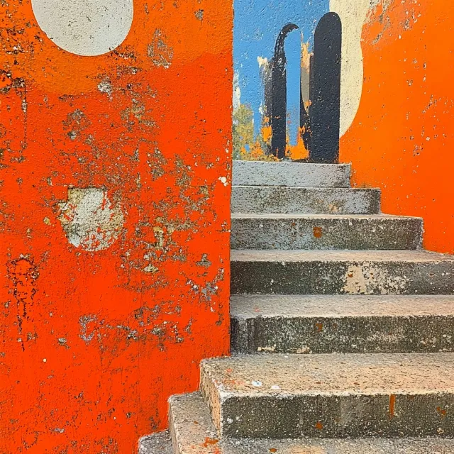 Orange, Red, Yellow, Paint, Stairs, Modern art, Still life photography, Street art