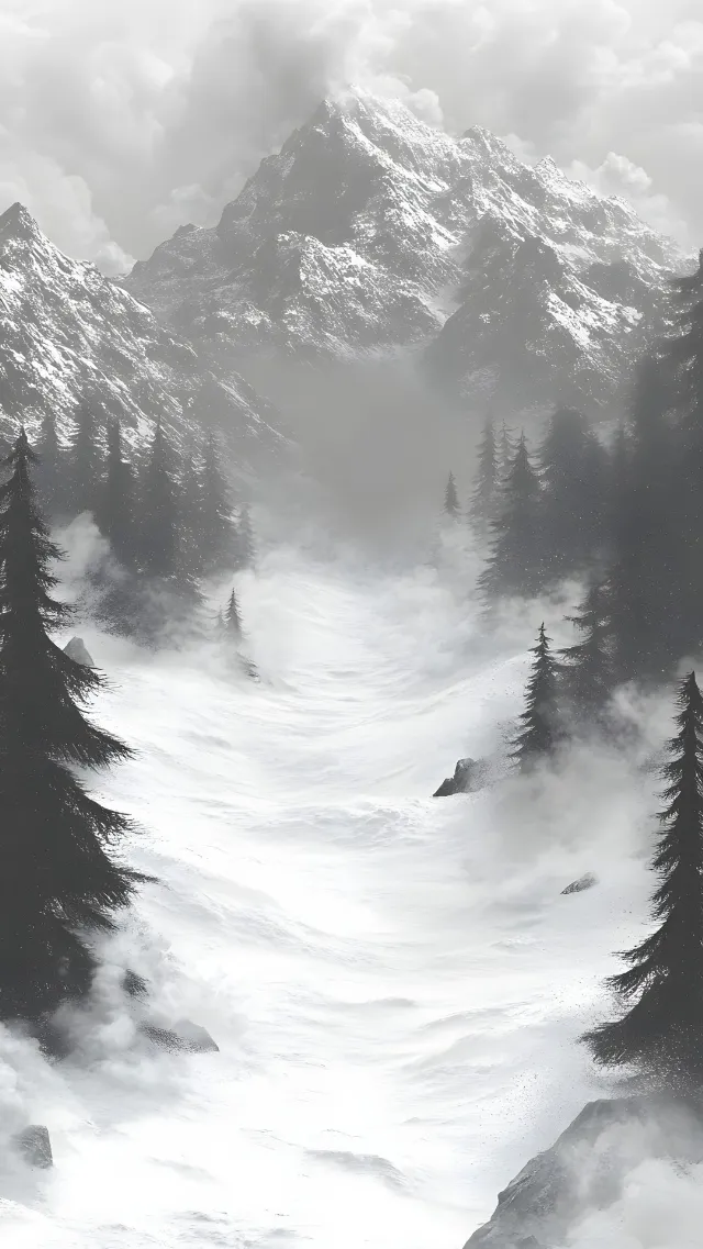 Mountainous landforms, atmospheric phenomenon, Mountain, Monochrome photography, White, Winter, Snow, Wilderness, Mist, Fog, geological phenomenon, Spruce-fir forests, Black and white, Forest, Mountain range, Freezing, Monochrome, Hill station, Larch, Alps