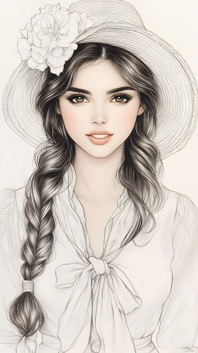 Lip, Chin, Eyebrow, Hairstyle, White, Eyelash, Organ, Jaw, Neck, Sleeve, Iris, Gesture, Art, Black hair, Hat, Illustration, Beauty, Long hair, Makeover, Fashion design