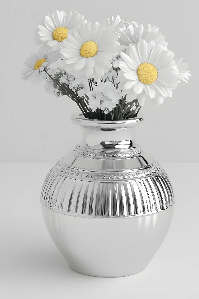 Vase, Flower bouquet, Silver, Floristry, Cut flowers, Natural material, Artificial flower, Flowerpot, Flower Arranging, Still life photography, Centrepiece, Common daisy, Bellis, Cylinder, Floral design, Porcelain, Houseplant, Ceramic, Silver, Marguerite daisy