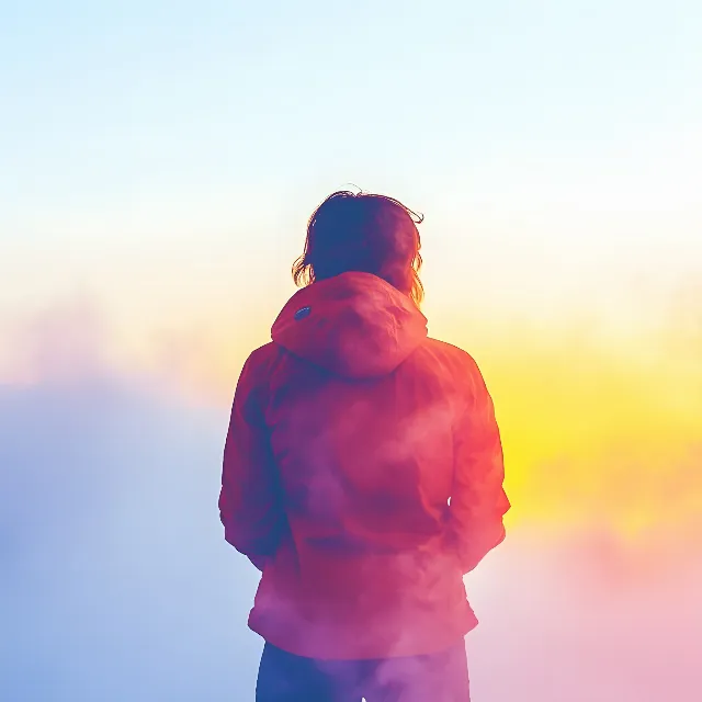 Red, Hood, Jacket, Orange, Winter, People in nature, Sunrise, Sunlight, Backlighting, Lens flare, Sunset, Evening, Hoodie, Dusk, Wind, Windbreaker, Afterglow