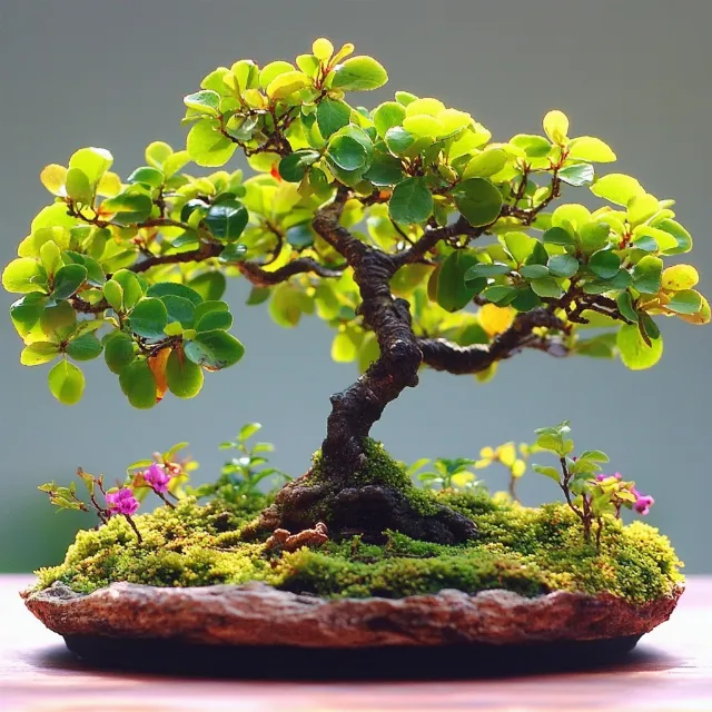 Green, Yellow, Bonsai, Flowerpot, Plant stem, Chinese sweet plum, Houseplant, Herb, Geraniums