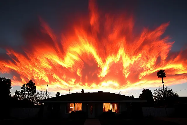 Orange, Cloud, Heat, geological phenomenon, Afterglow, Dusk, Sunset, Evening, Sunrise, Red sky at morning, Meteorological phenomenon, Cumulus, Fire, Smoke, Dawn, Palm trees, Explosion