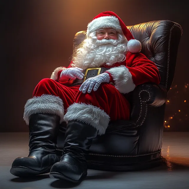 Santa Claus, Beard, Facial hair, Fictional character, Christmas Day, Fur clothing, Holiday, Christmas Eve, Moustache, Lap, Costume Hat, Pleased, Winter, Costume, Happiness, Glove, Elder, Gift, Sock