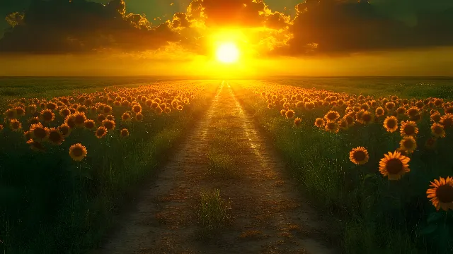 Yellow, Flower, Cloud, Sun, Sunset, Afterglow, Horizon, Field, Sunrise, Summer, Orange, Common sunflower, Agriculture, Dusk, Plantation, Evening, Petal, People in nature, Sunlight, Morning