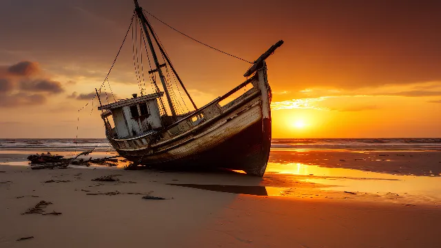 Cloud, Water, Boat, Sky, Watercraft, Mast, Beach, Vehicle, Dusk, Ship, Horizon, Landscape, Calm, Afterglow, Sailboat, Sunset, Wood, Sunrise, Reflection, Water transportation