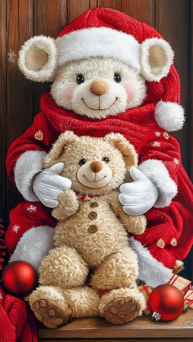 Teddy bear, Stuffed toy, Red, Toy, Bear, Carnivores, Happiness, Plush, Greeting, Christmas decoration, Christmas Day, Fur, Santa Claus, Baby toys, Love, Winter, Gift, Holiday, Fictional character, Heart