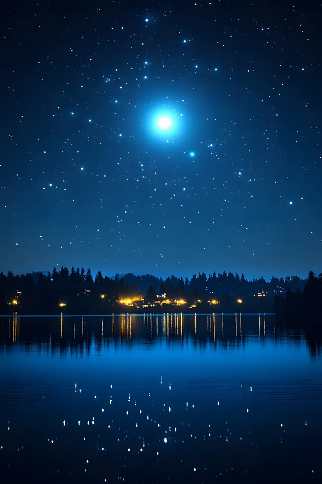 Blue, Nature, Night, Astronomical object, Star, Astronomy, Reflection, Midnight, Constellation, Celestial event, Outer space, Moonlight, Reservoir, Galaxy, Universe, Evening, Dusk, Science, Loch, Moon