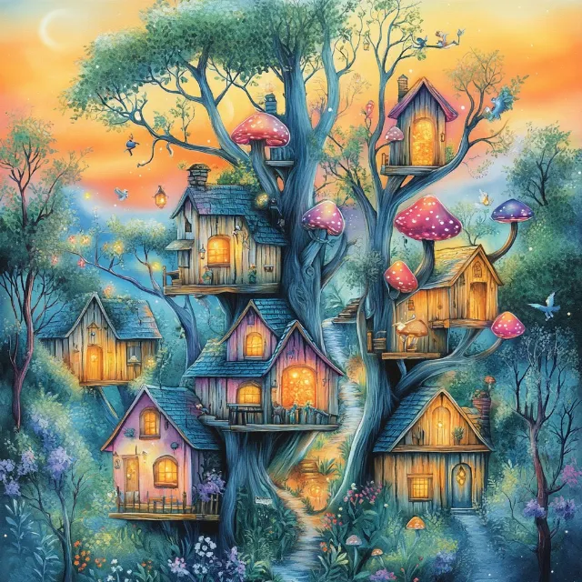 House, Home, Tree house, Cottage, Hut, Paint, Painting, Watercolor painting, Village, Animation, Garden buildings, Design, Shed, Shack, Modern art, Log cabin, Acrylic paint