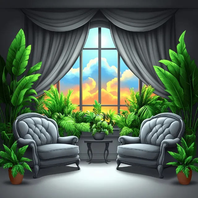 Interior design, Furniture, Couch, Living room, Daybed, Curtain, Window treatment, Comfort, Flowerpot, Window covering, Houseplant, Design, Eco hotel, Chair, Armrest, Loveseat, Sofa bed, Palm trees, Throw pillow, Animation