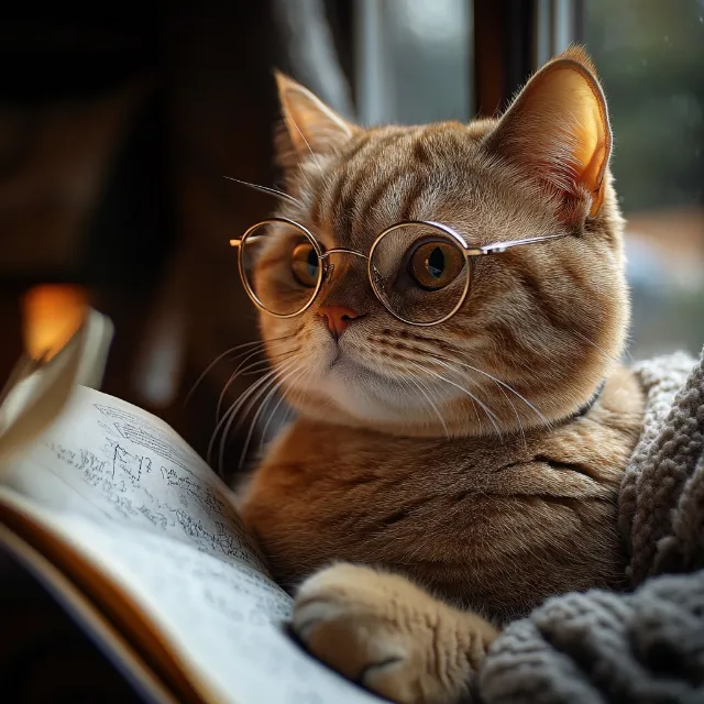 Glasses, Cat, Carnivore, Comfort, Ear, Fawn, Felidae, Small to medium-sized cats, Whiskers, Domestic short-haired cat, Publication, Terrestrial animal, Fur, Paw, Sitting, Cat supply