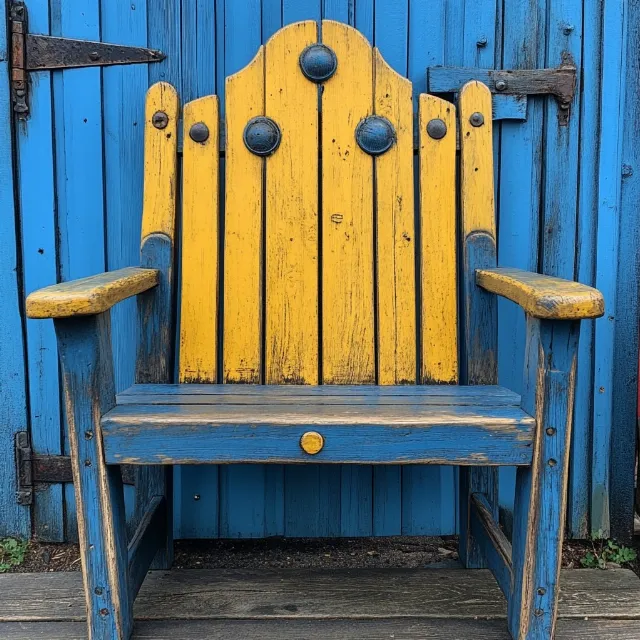 Blue, Wood, Yellow, Furniture, Outdoor furniture, Chair, Wood stain, Hardwood, Plank, Paint, Outdoor Bench, Armrest, Bench, Lumber