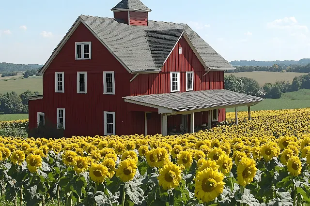 House, Cottage, Field, Agriculture, Plantation, Farmhouse, Farm, Wildflower, Crop, Sunflowers, Barn, Croft